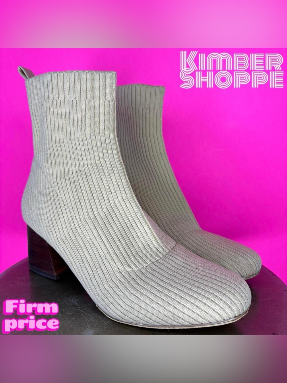 Saks Fifth Avenue Beige Stretch Rib Knit Round Toe Heeled Sock Ankle Boot US 6.5